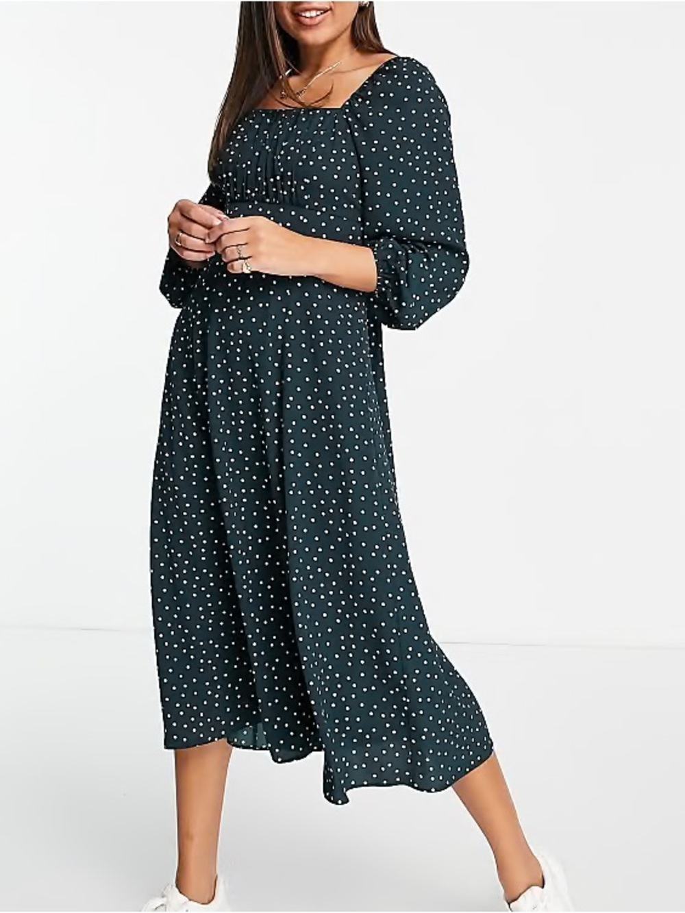 ASOS DESIGN Square Ruched Neck Midi Dress in Green Spot Print Cottage Boho